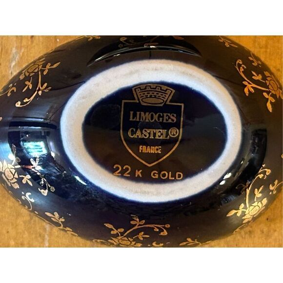Vintage Limoges Castel France Small Colbalt Blue & 22K Gold Egg Trinket Box (874 - Picture 9 of 9